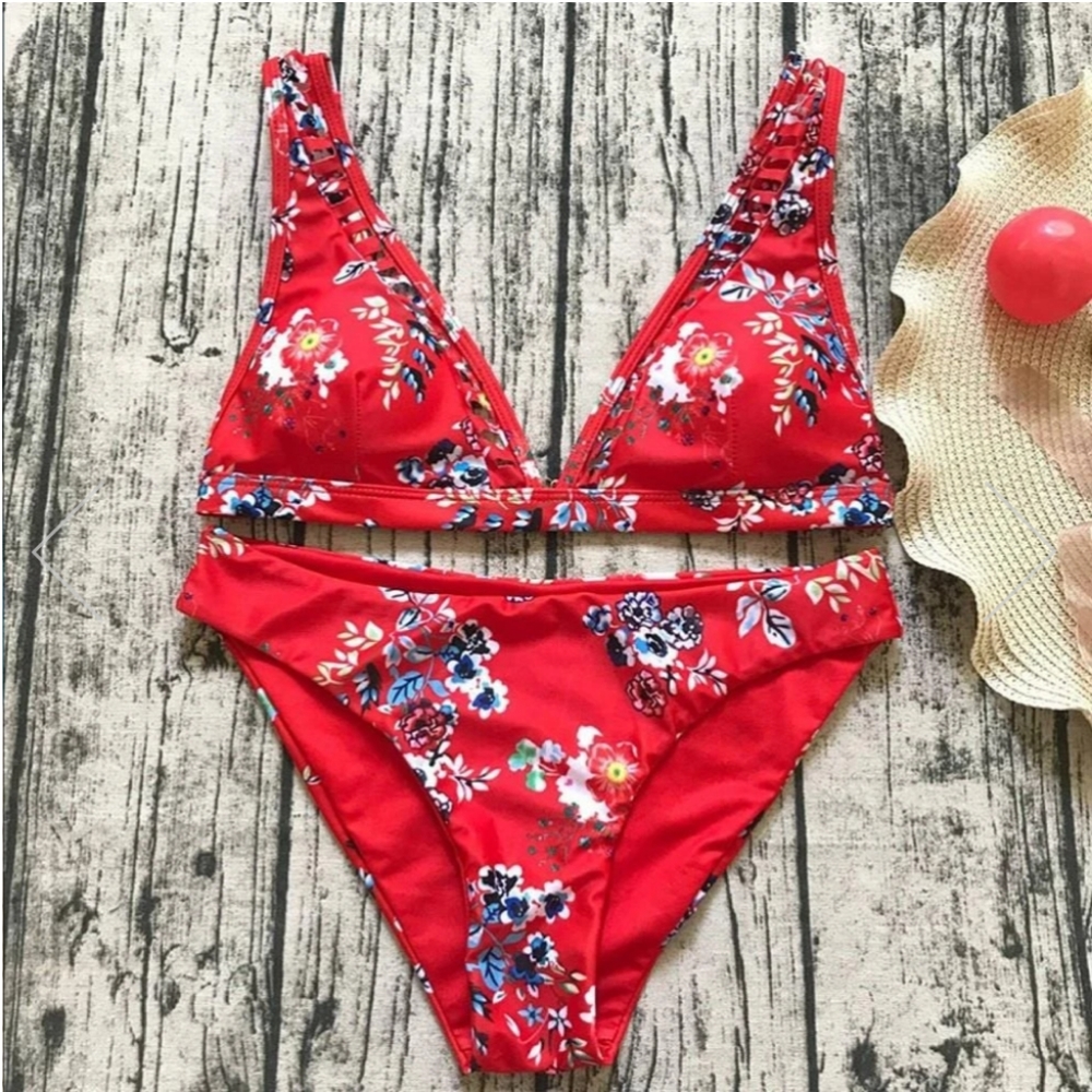Red floral bikini